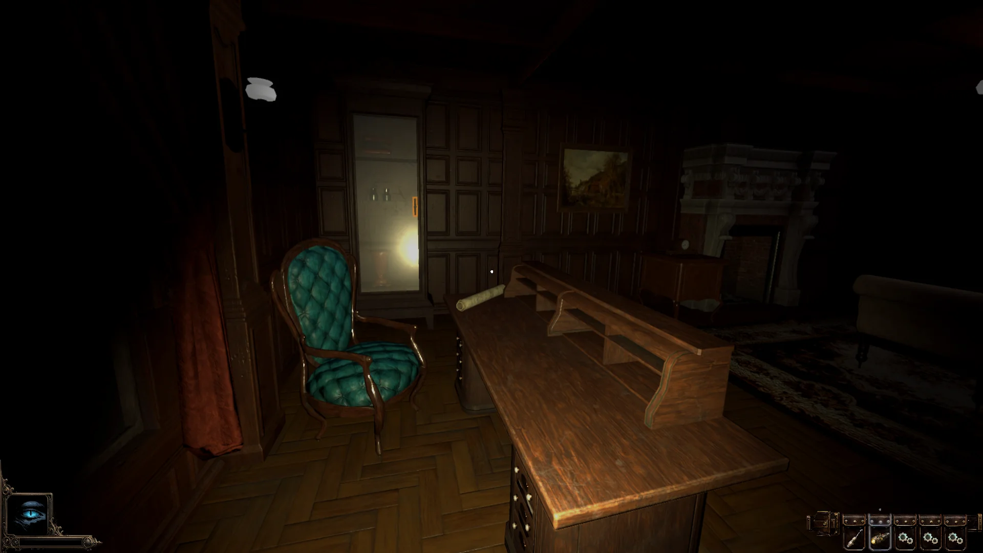 Dark wood-paneled interior in Porcelain