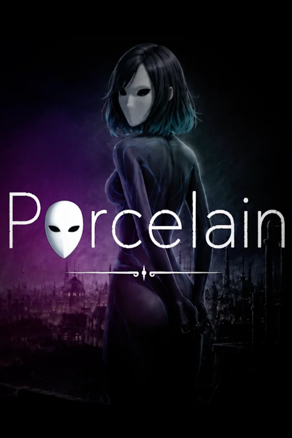 Porcelain key art featuring a masked woman overlooking a dark city